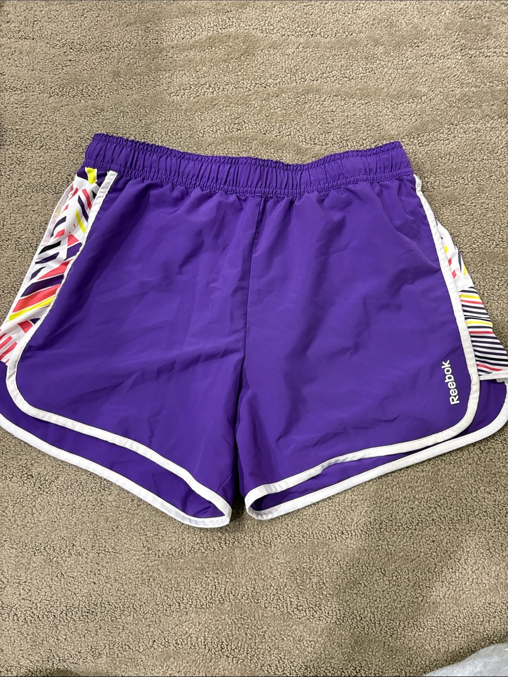 Reebok Purple Athletic Shorts with White Trim and Multicolor Side Panels